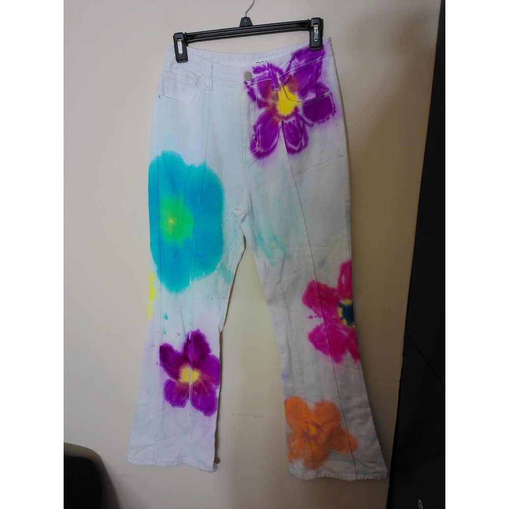 SHEIN Floral Airbrush Jeans Women Small White Y2K Streetwear High Rise Pants